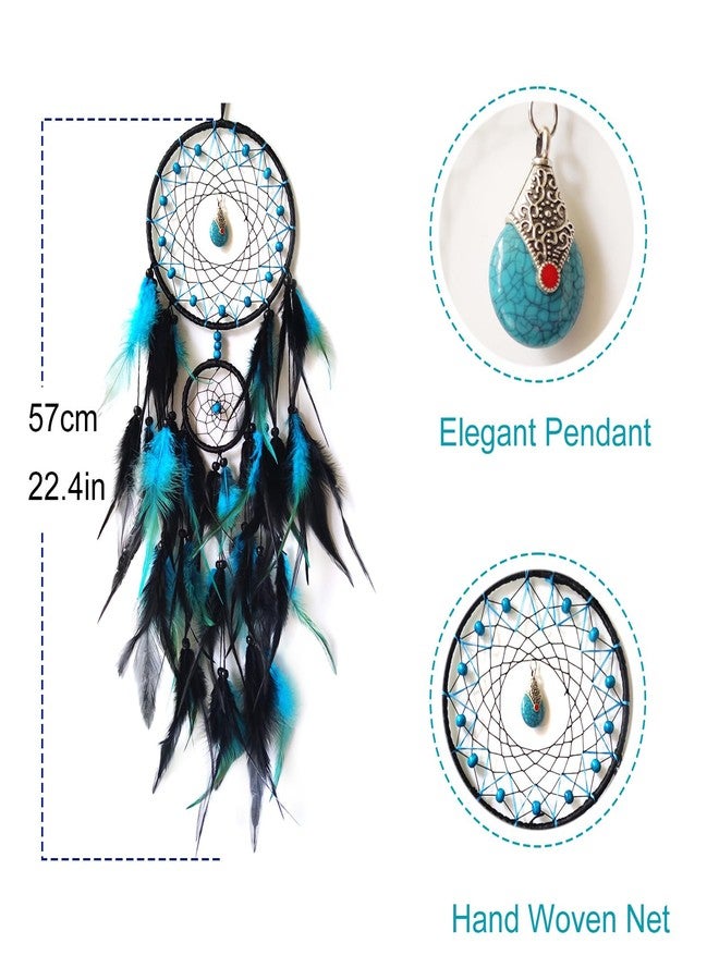 SOYUZU Black and Blue Dream Catcher Wall Decor Feather Dream Catchers with Pendant Handmade Dreamcatcher Wall Hanging Ornament for Bedroom Living Room Home Decor - Image 2